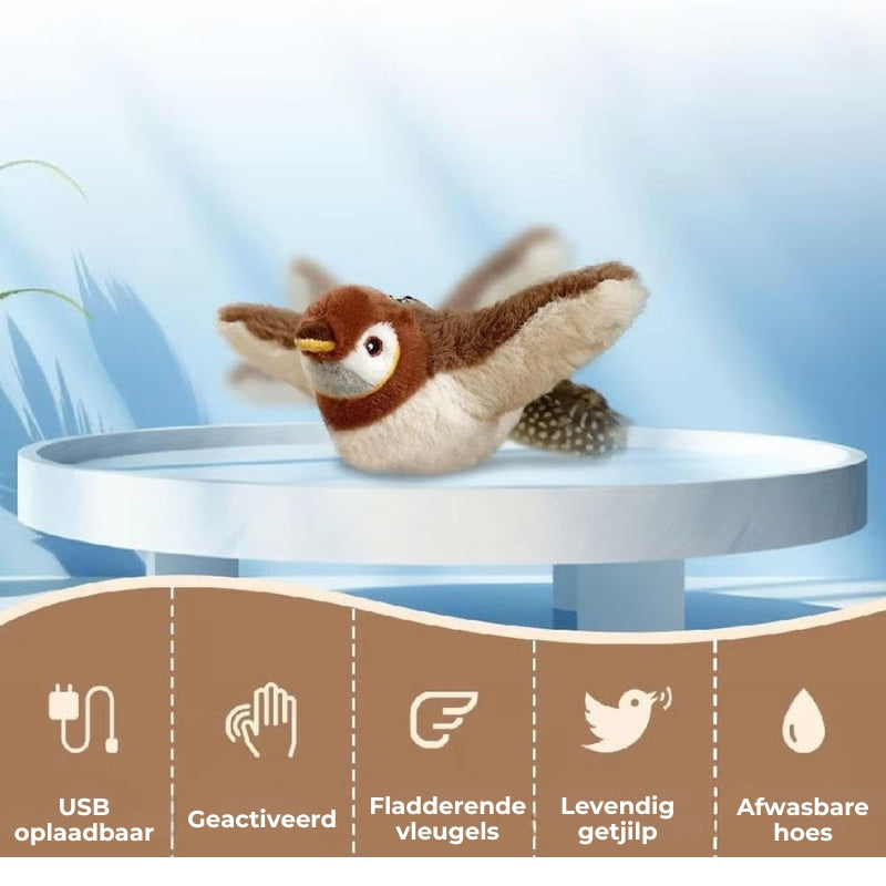 Flappend vogel-kattenspeeltje – USB-oplaadbaar en bewegingsgeactiveerd tjilpend vogeltje