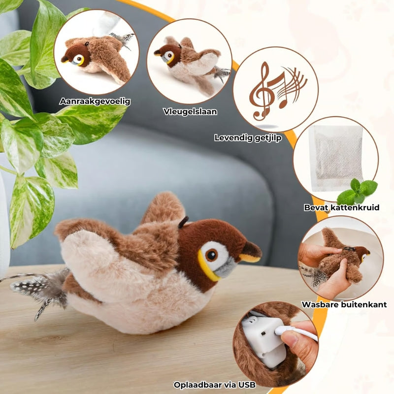 Flappend vogel-kattenspeeltje – USB-oplaadbaar en bewegingsgeactiveerd tjilpend vogeltje