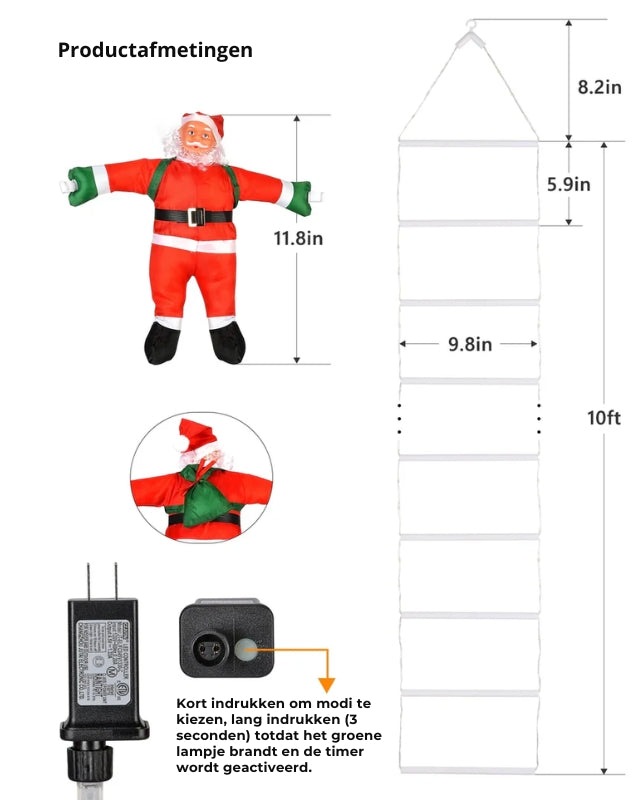 LED-kerstman klimladderlampjes 3 Meter β USB-aangedreven kerstdecoratie voor binnen en buiten (338 LED's, 8 modi) VNP