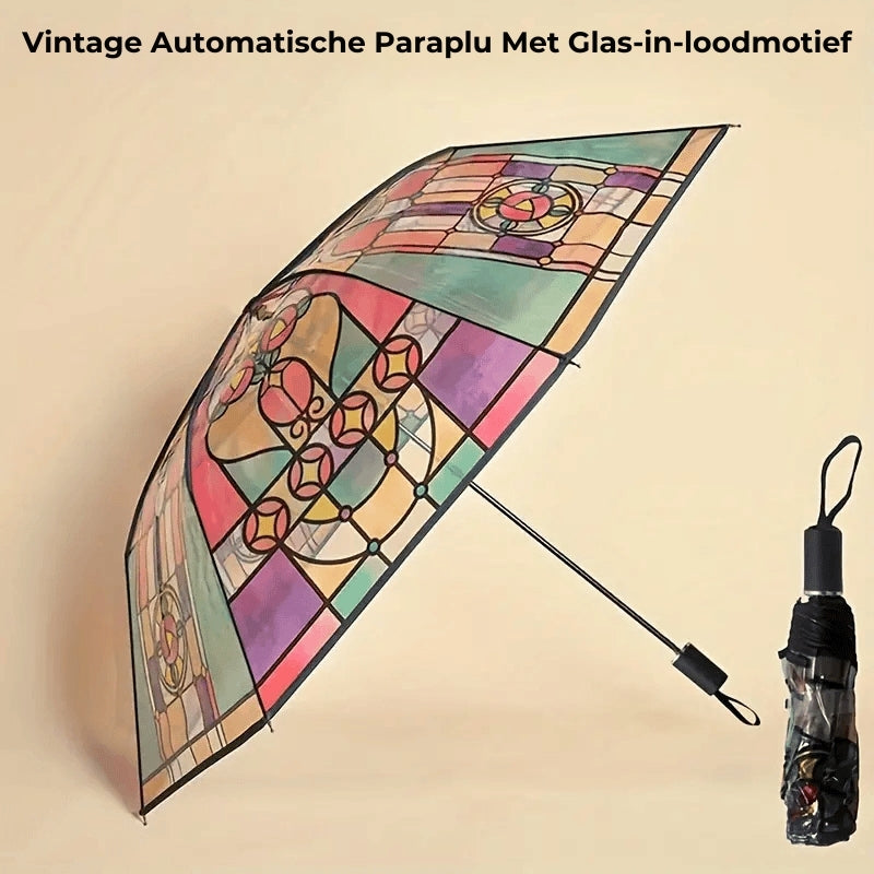 Vintage automatische paraplu met glas-in-loodmotief