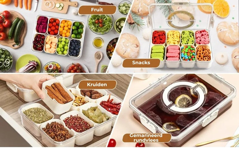 Snack Box – Handige doos met 8 vakken voor snacks onderweg, op het strand en op feestjes