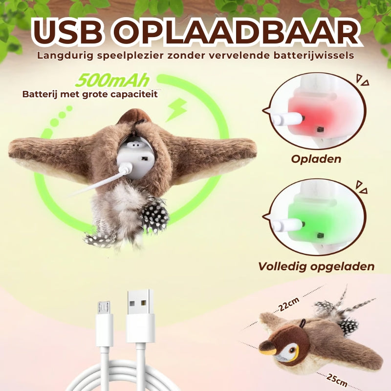 Flappend vogel-kattenspeeltje – USB-oplaadbaar en bewegingsgeactiveerd tjilpend vogeltje