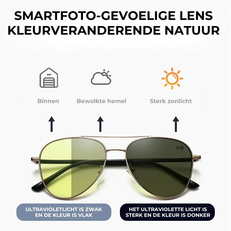 Aviator Metalen Bril, Nachtfilter Kleurveranderende Multifocale Leesbril