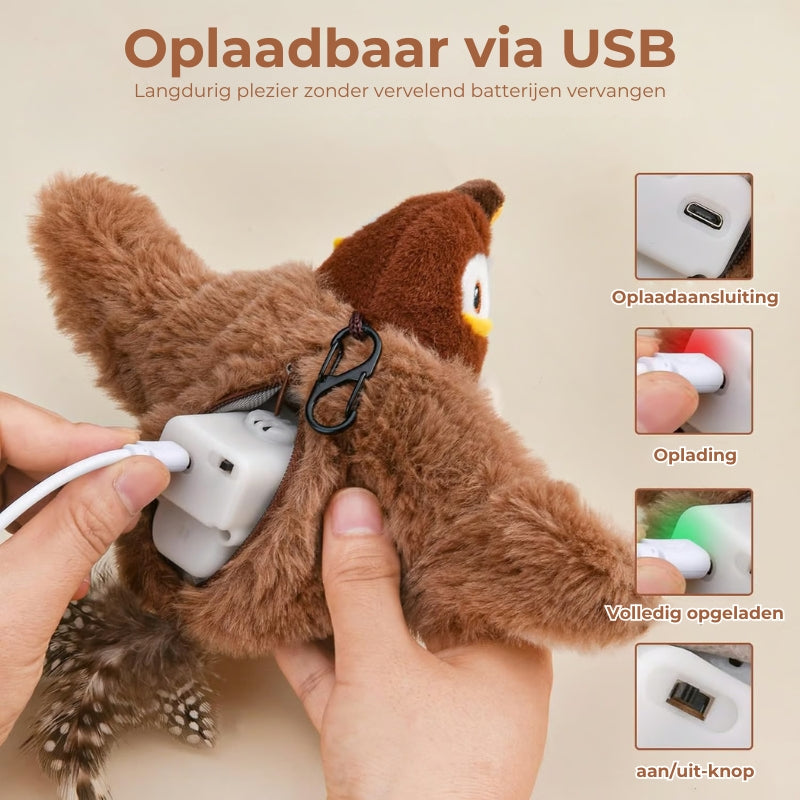 Flappend vogel-kattenspeeltje – USB-oplaadbaar en bewegingsgeactiveerd tjilpend vogeltje