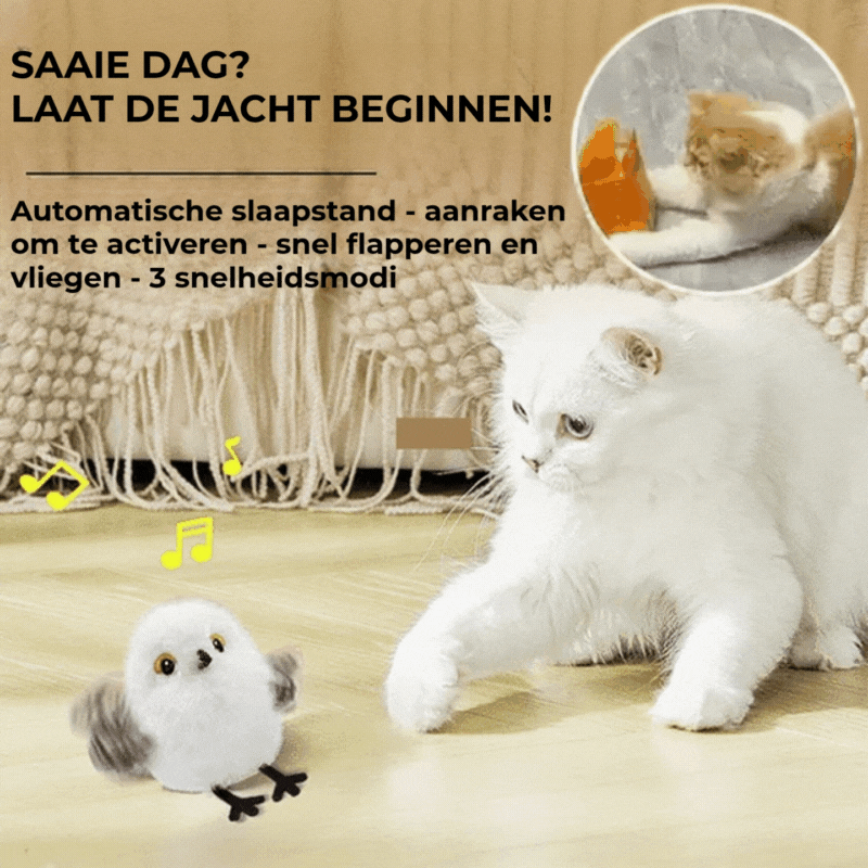 Flappend vogel-kattenspeeltje – USB-oplaadbaar en bewegingsgeactiveerd tjilpend vogeltje