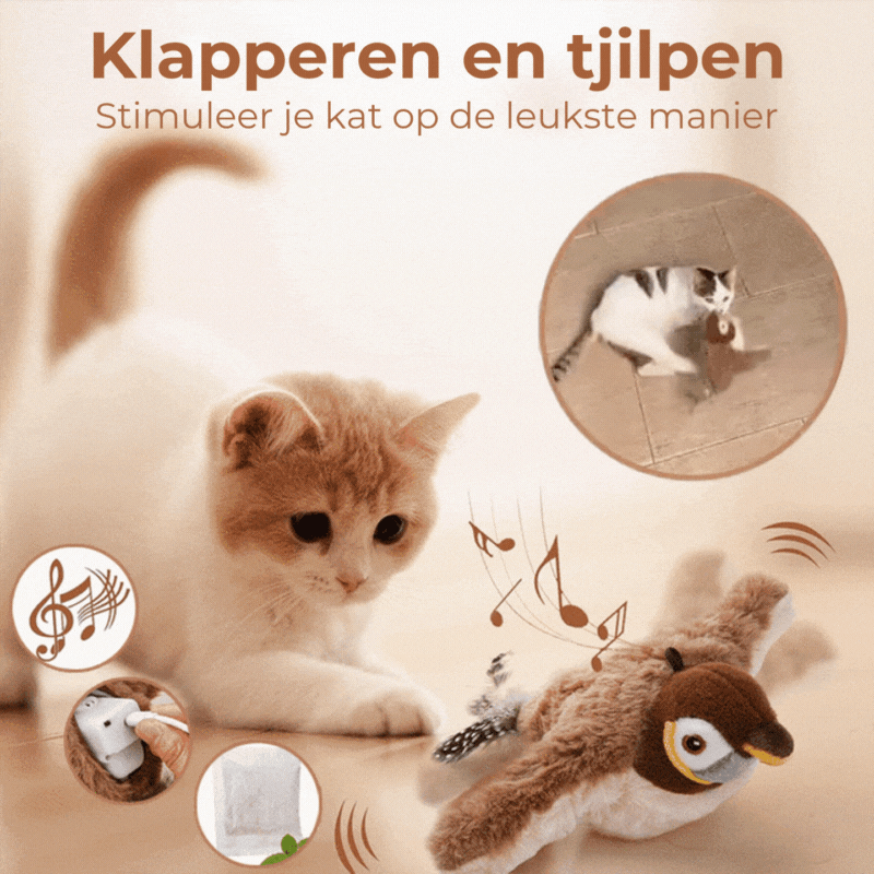 Flappend vogel-kattenspeeltje – USB-oplaadbaar en bewegingsgeactiveerd tjilpend vogeltje