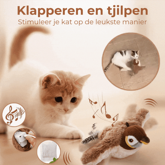 Flappend vogel-kattenspeeltje – USB-oplaadbaar en bewegingsgeactiveerd tjilpend vogeltje