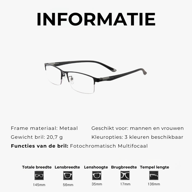 Multifocale Fotochromatische Leesbril, Ultralicht Metaal Half Montuur