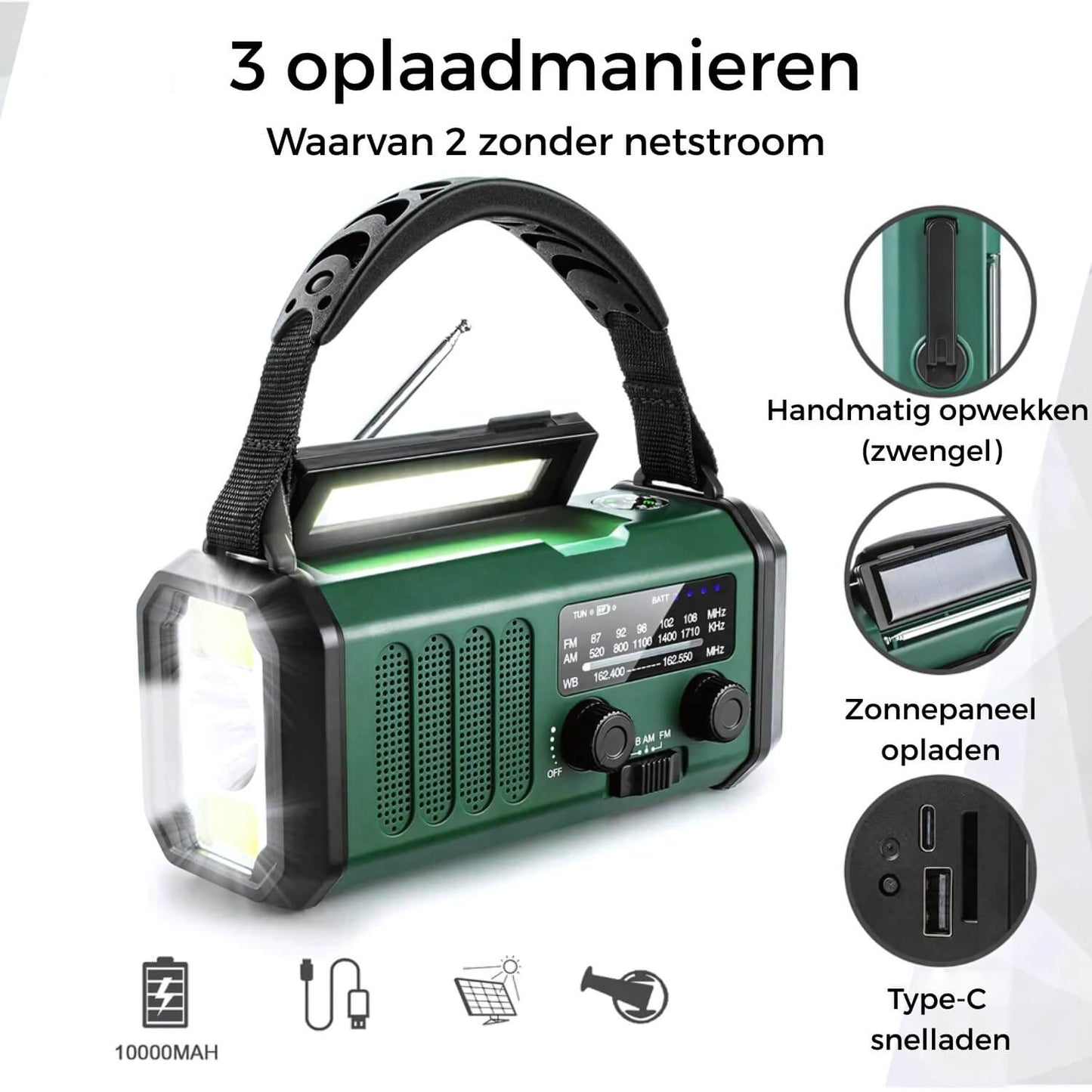 Noodradio, Zaklamp, Kompas, SOS Op Zonne-Energie
