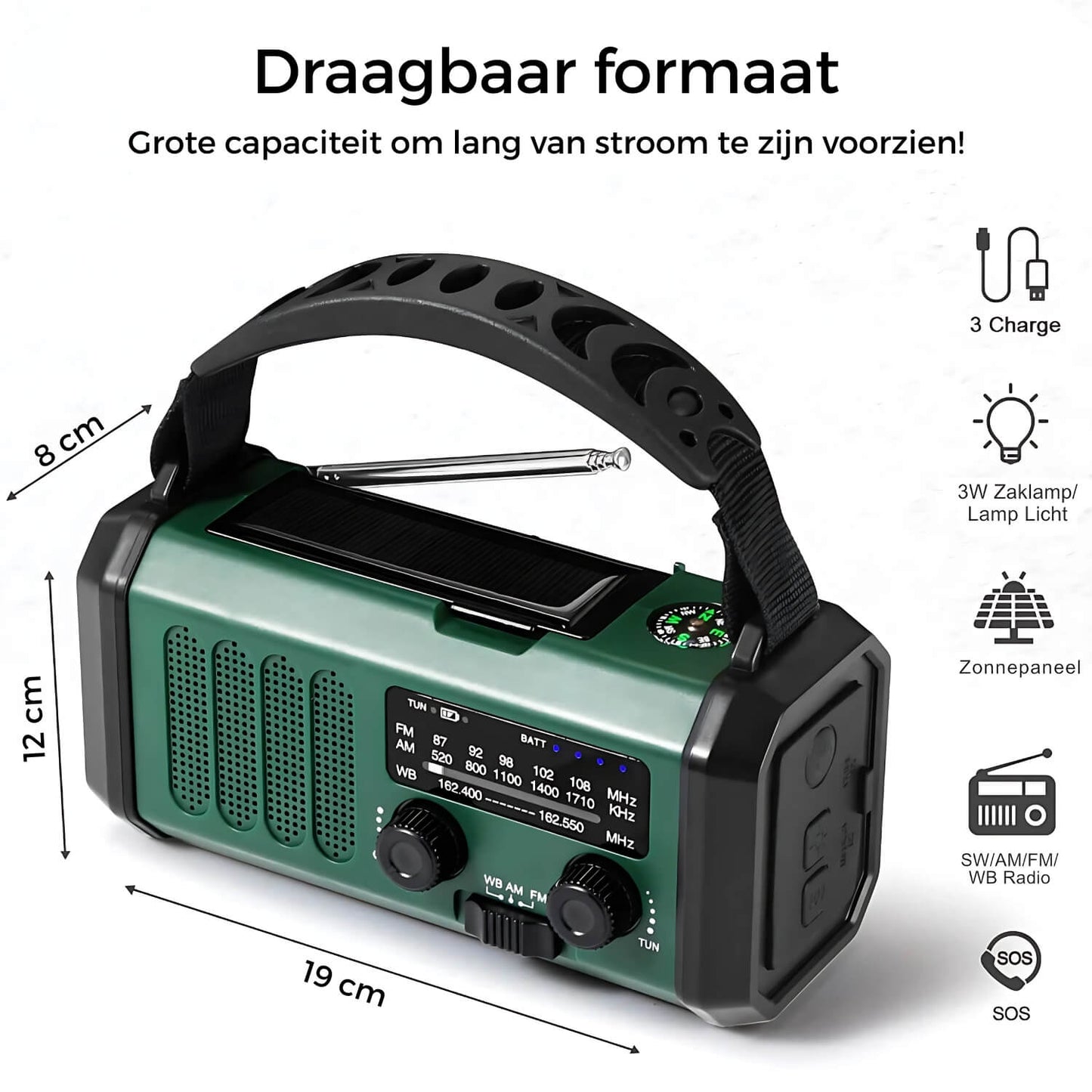 Noodradio, Zaklamp, Kompas, SOS Op Zonne-Energie