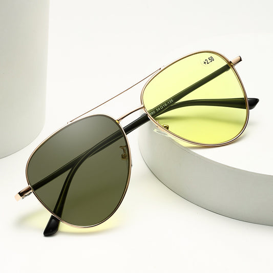 Aviator Metalen Bril, Nachtfilter Kleurveranderende Multifocale Leesbril