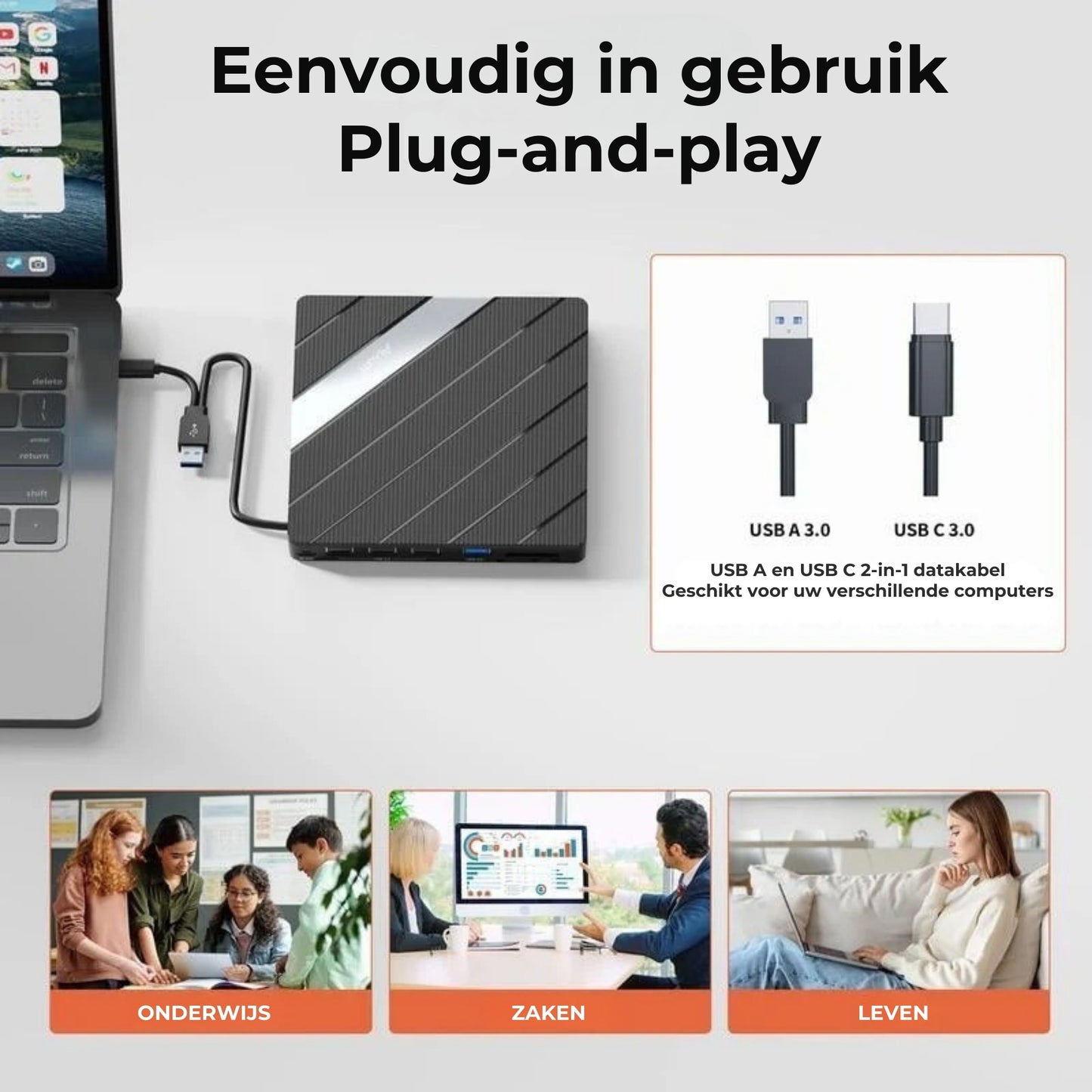 Universele Laptop CD/DVD Speler en Brander USB C 3.0 met SD/TF-kaartsleuf en 3 USB-poorten