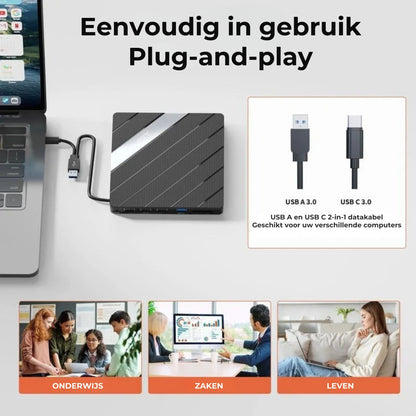 Universele Laptop CD/DVD Speler en Brander USB C 3.0 met SD/TF-kaartsleuf en 3 USB-poorten