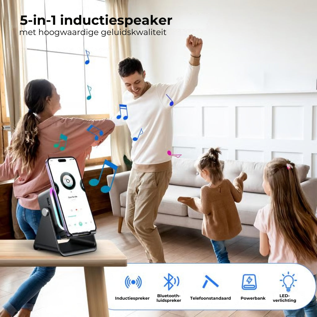 🎶 5-in-1 Draadloze Inductie- en Bluetooth-luidspreker