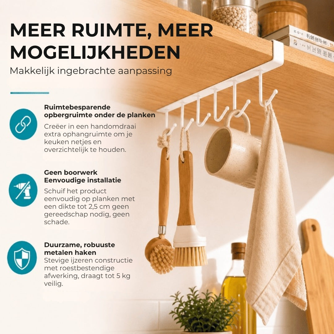 Ruimtebesparende opberghouder met 6 haken