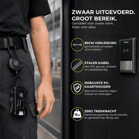 Robuuste combinatie van badge en sleutel met intrekbaar koord