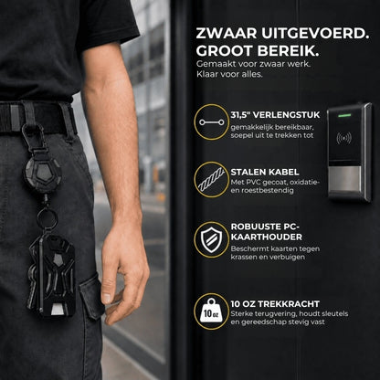Robuuste combinatie van badge en sleutel met intrekbaar koord