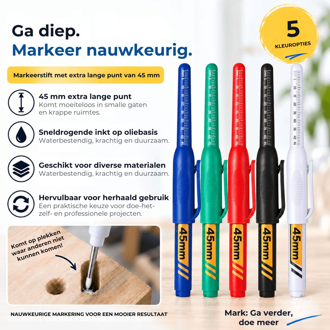 Waterbestendige Markers met Lange Punt – Voor Diepe Gaten tot 45 mm