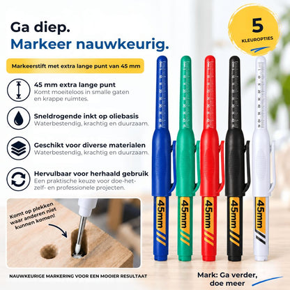 Waterbestendige Markers met Lange Punt – Voor Diepe Gaten tot 45 mm