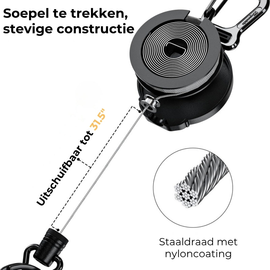 Robuuste combinatie van badge en sleutel met intrekbaar koord