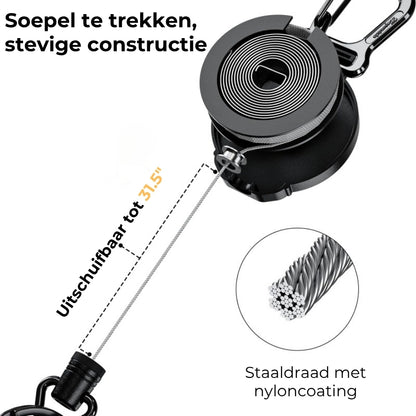 Robuuste combinatie van badge en sleutel met intrekbaar koord