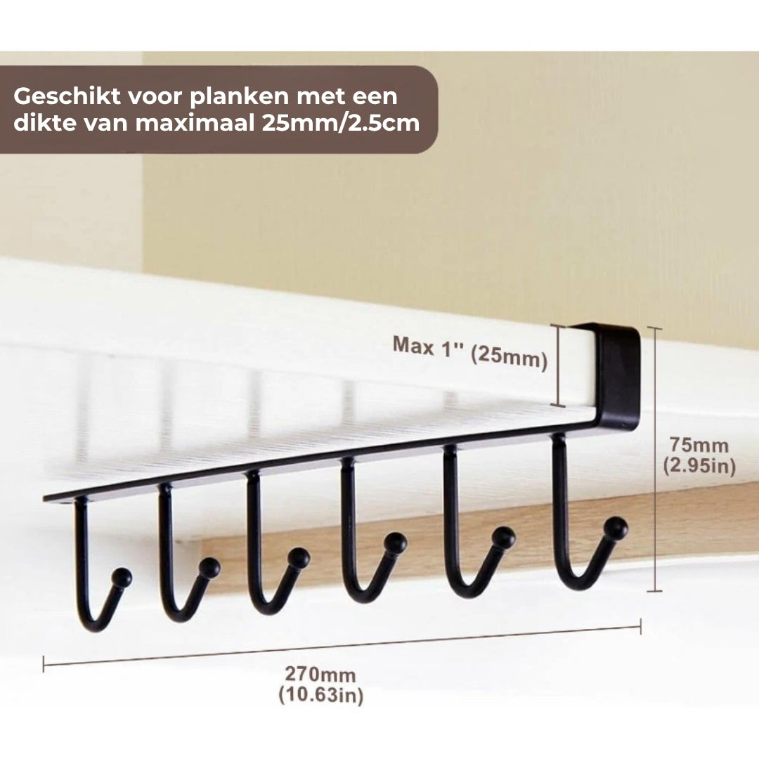 Ruimtebesparende opberghouder met 6 haken