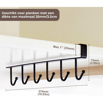 Ruimtebesparende opberghouder met 6 haken