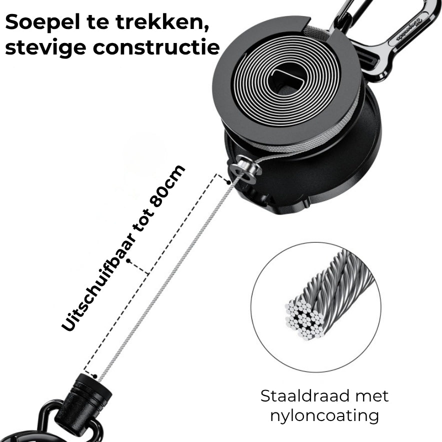 Robuuste combinatie van badge en sleutel met intrekbaar koord