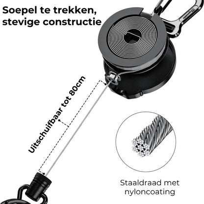 Robuuste combinatie van badge en sleutel met intrekbaar koord