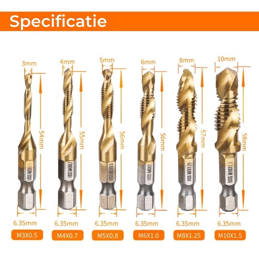 6-delige Boor- en Tapbitset met Titaniumcoating