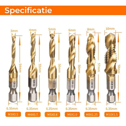 6-delige Boor- en Tapbitset met Titaniumcoating