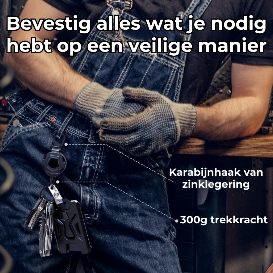 Robuuste combinatie van badge en sleutel met intrekbaar koord