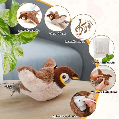 Flappend vogel-kattenspeeltje – USB-oplaadbaar en bewegingsgeactiveerd tjilpend vogeltje