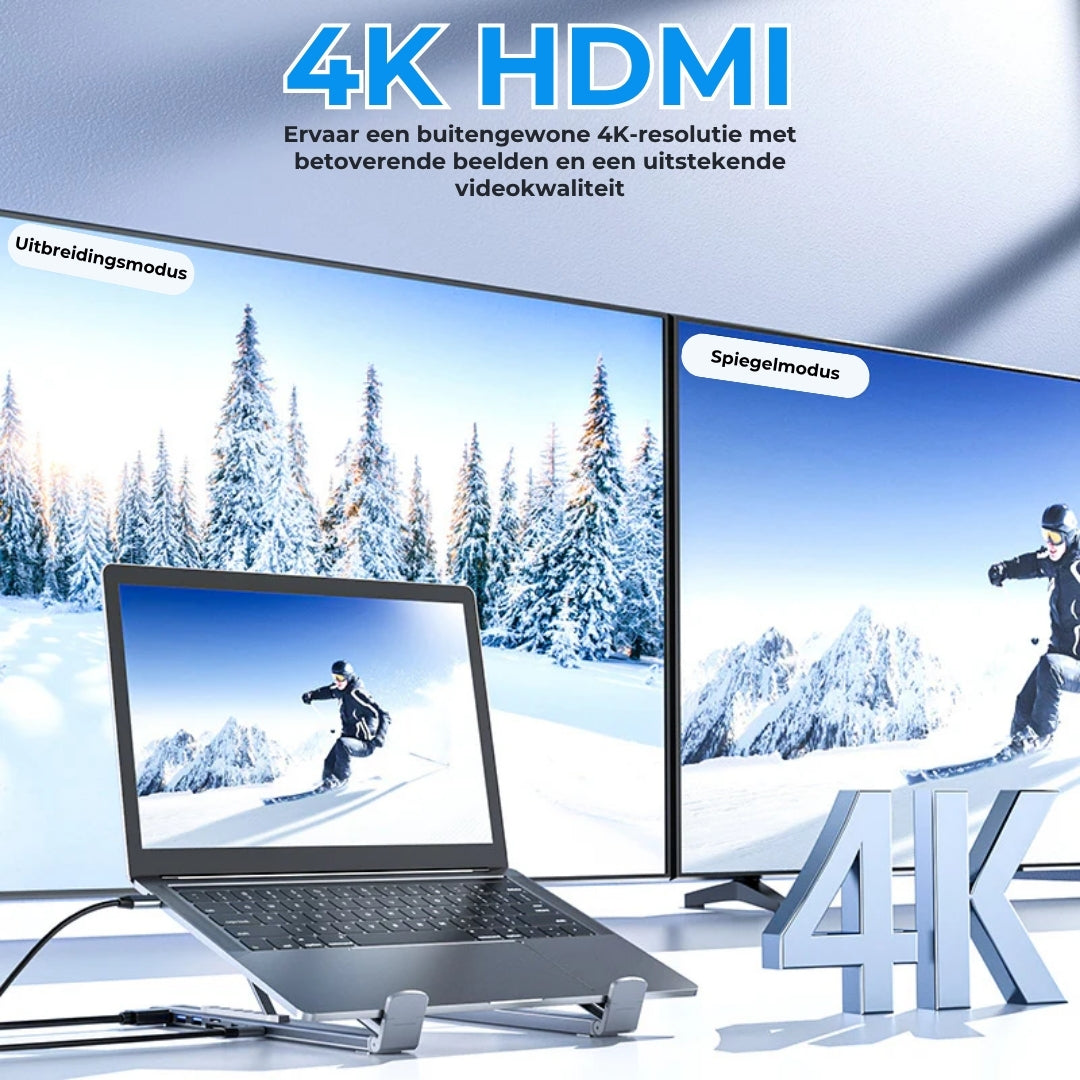 8-in-1 Laptop Dockingstation – verstelbare standaard, 4K HDMI & snelle gegevensoverdracht