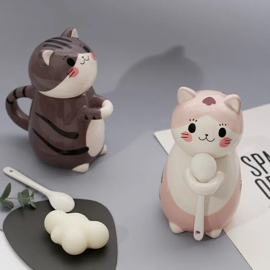 Katten Keramiek Mok met lepel en deksel - Leuk & Creatief