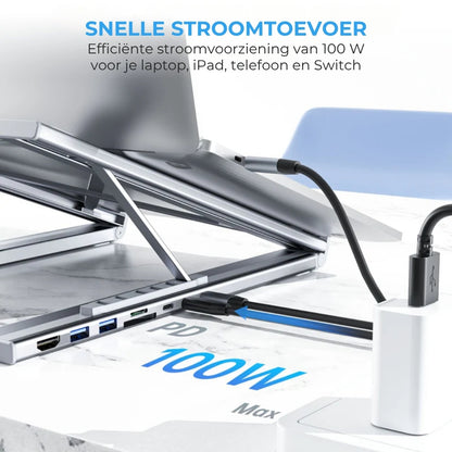 8-in-1 Laptop Dockingstation – verstelbare standaard, 4K HDMI & snelle gegevensoverdracht