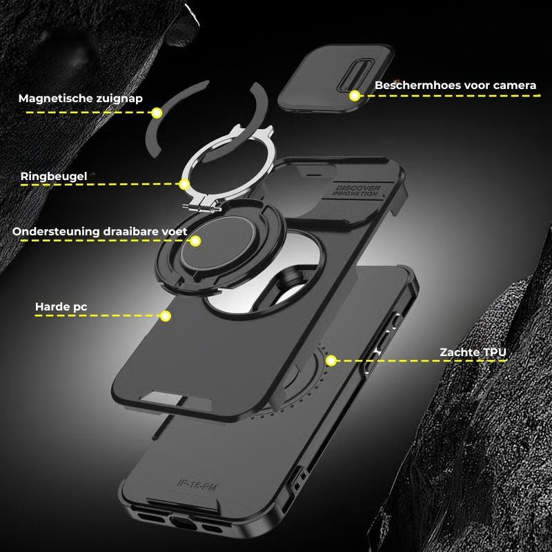 iPhone Hoesje met schuifbaar cameradeksel en draaibare ringstandaard