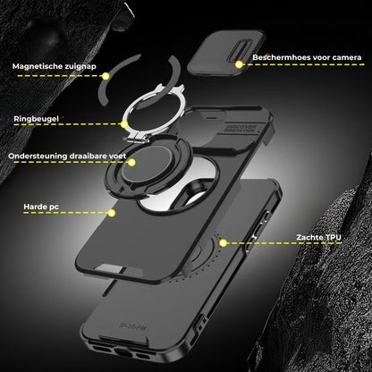 iPhone Hoesje met schuifbaar cameradeksel en draaibare ringstandaard