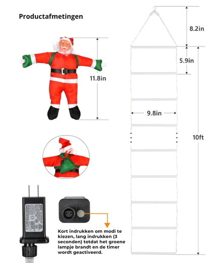 LED-kerstman klimladderlampjes 3 Meter – USB-aangedreven kerstdecoratie voor binnen en buiten (338 LED's, 8 modi) VNP