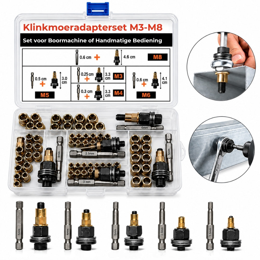 Klinkmoeradapterset voor Boormachines en Handmatige Bediening (M3-M8)