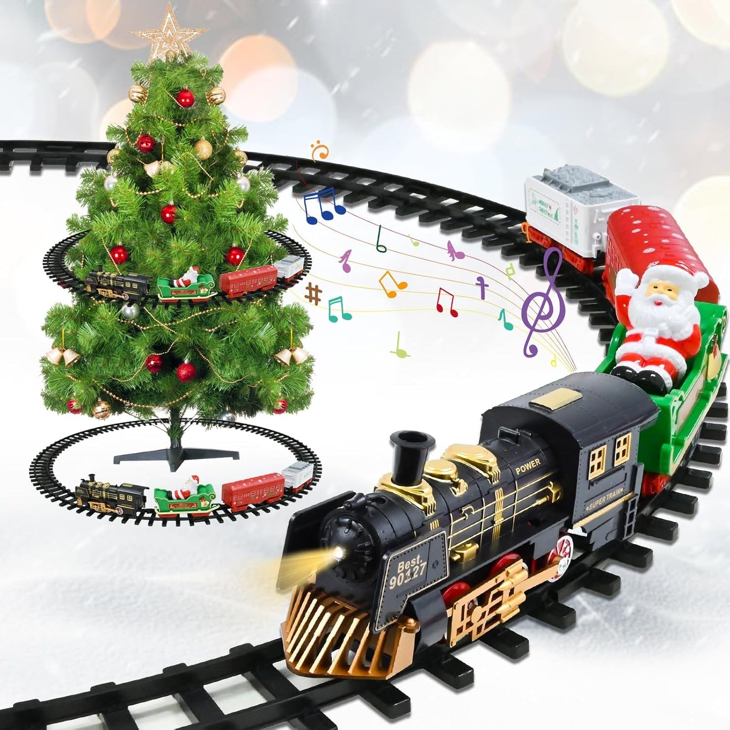 Kerstboom treinspoor met locomotief en 3 wagons