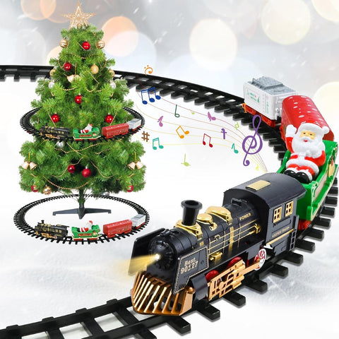 Kerstboom treinspoor met locomotief en 3 wagons