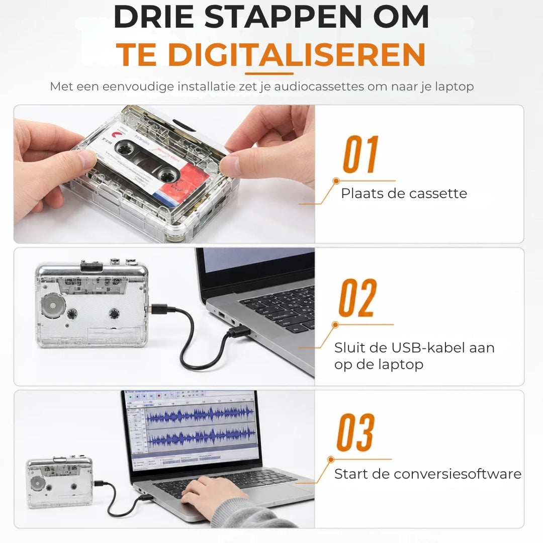 2-in-1 Cassettespeler en Cassette-naar-MP3-Converter