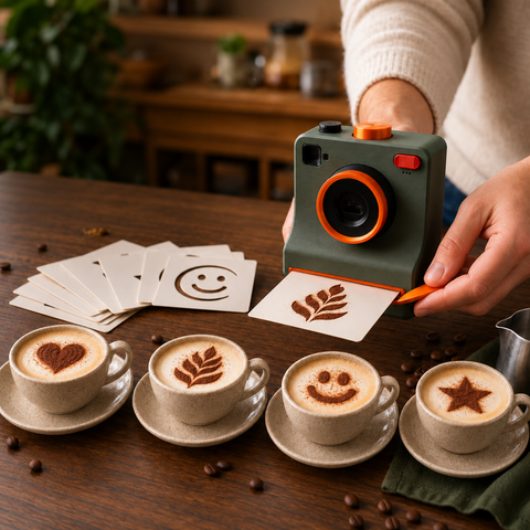 Vintage Camera met 4 Koffiepoeder Sjablonen