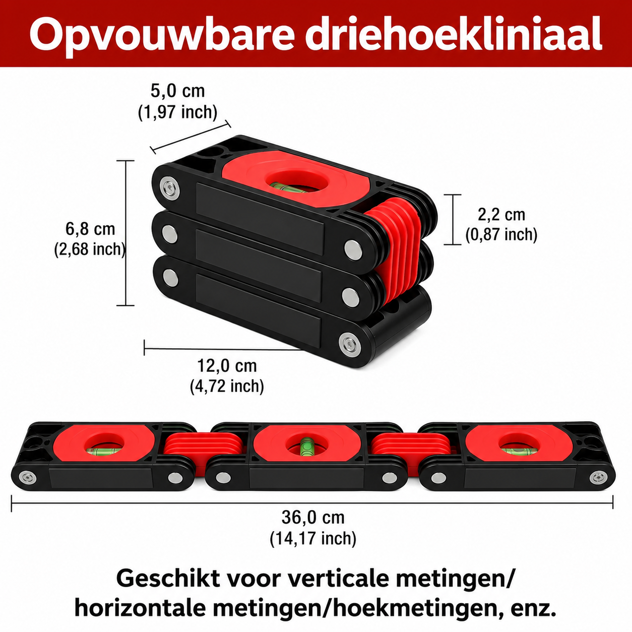 Opvouwbare Driehoekliniaal met Waterpas en Hoekmeter