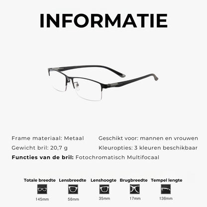 Multifocale Fotochromatische Leesbril, Ultralicht Metaal Half Montuur