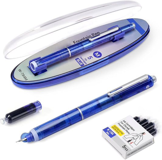 Vulpen, intrekbaar: 0,38 mm, blauwe en zwarte inktt, incl. 5 navulbare inktpatronen