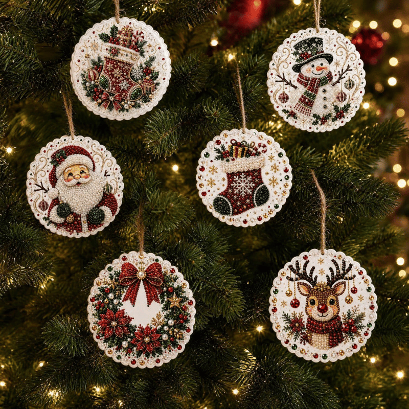 DIY Parel-Diamant Kerstornament Set - 6 Stuks