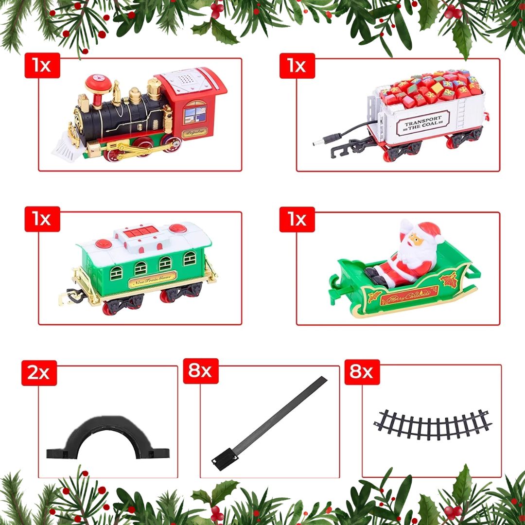 Kerstboom treinspoor met locomotief en 3 wagons