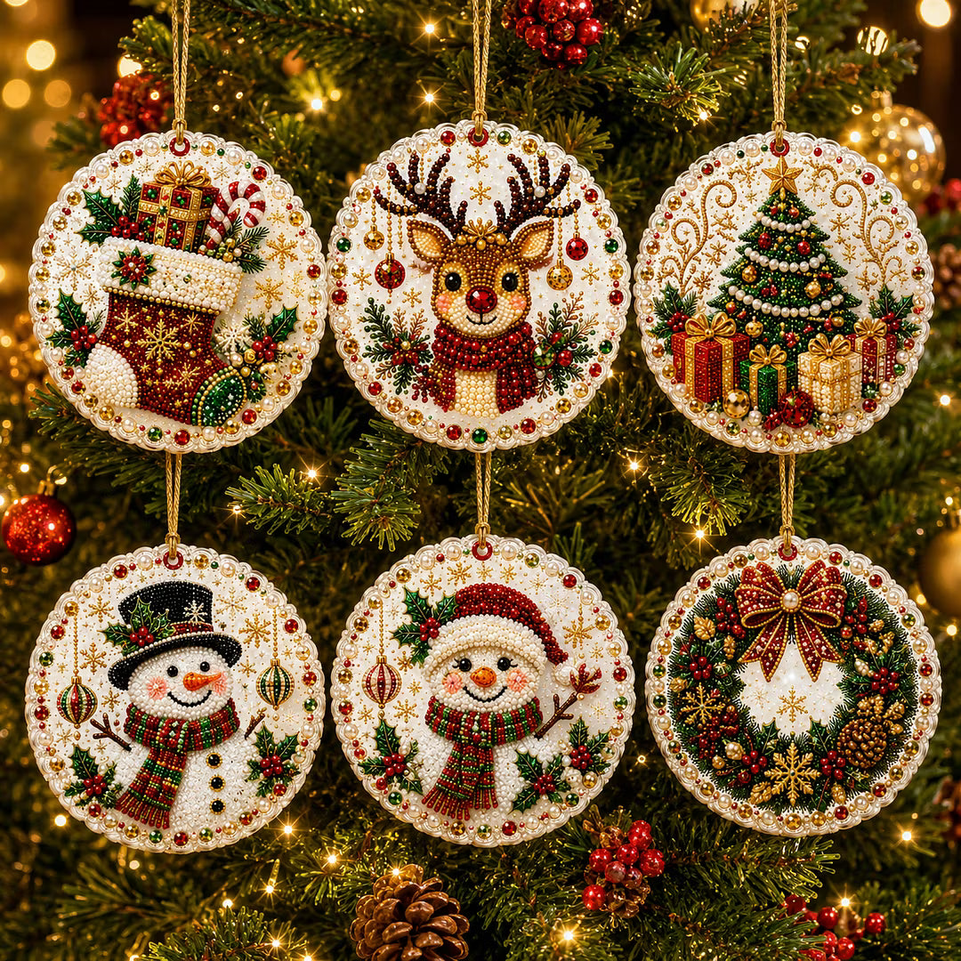 DIY Parel-Diamant Kerstornament Set - 6 Stuks